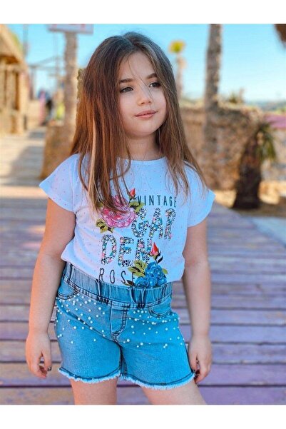 Hilal Akıncı Kids Set de două piese pentru fete, model de grădină, tricou cu buline, pantaloni scurți din denim perlat