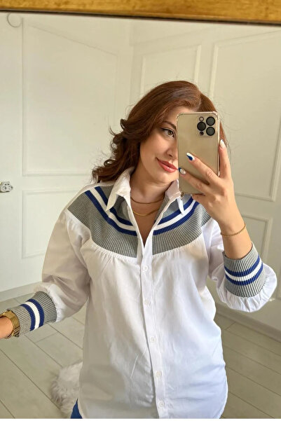 Qaju Γυναικείο Λευκό Πλεκτό - Μπλε Πλεκτό Λεπτομερές Χαλαρό Βαμβακερό Πουκάμισο Boyfriend