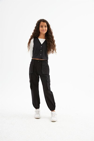 Hilal Akıncı Kids Set de 3 piese pentru fete, vestă din denim, pantaloni albi cu buzunare cargo