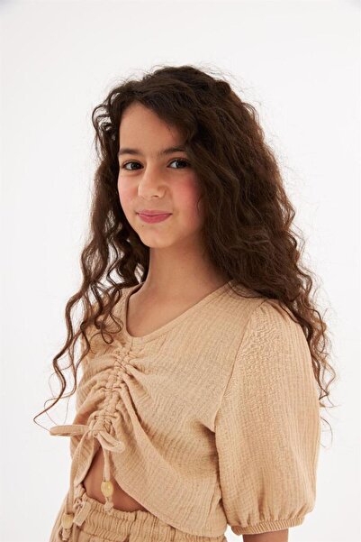 Hilal Akıncı Kids Girl's Drawstring Detailed Blouse Elastic Waist Harem Pants 2-Piece Set