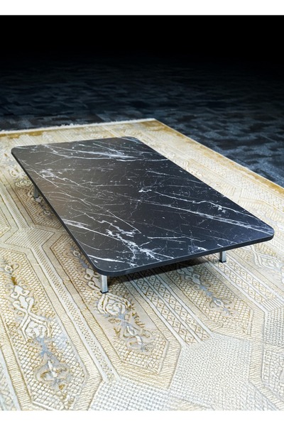 Zevahir Mobilya Dekorasyon Siyah Mermer Desenli Metal Katlanır Ayaklı Kamp Bahçe Ev Ve Çocuk Oyun Yer Sofrası