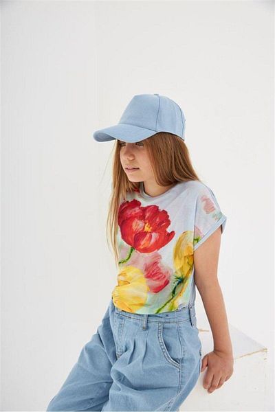 Hilal Akıncı Kids Girl's Patterned Oversize T-Shirt Blue Denim Trousers Hat Set of 3