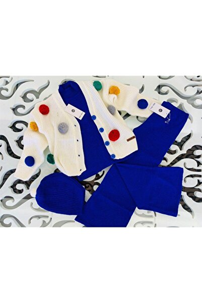 Hilal Akıncı Kids Білий трикотажний кардиган з помпонами та безрукавні трикотажні штани для дівчинки - комплект із 4 предметів