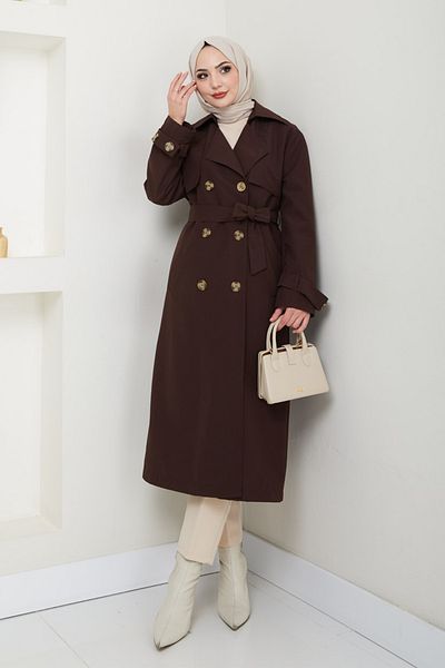 InStyle Lined Bitter Brown Trench Coat with Stone Buckle Detail