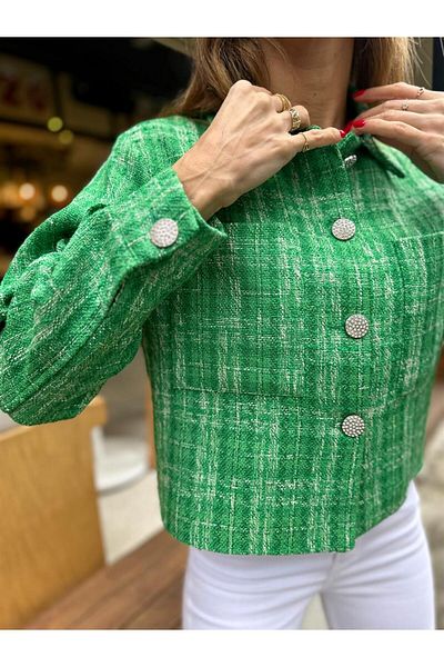 Maldia Shop Jachetă din tweed căptușită cu detaliu cu nasturi de piatră, verde, în carouri