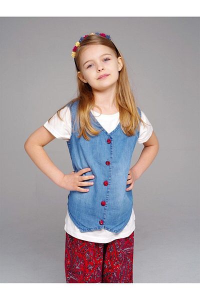 Hilal Akıncı Kids Girl's Patterned Wide Leg Pants Jeans Vest Double Set