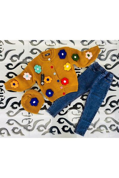 Hilal Akıncı Kids Girl's Daisy Embroidered Knitwear Cardigan Jeans Trousers Beret 3-Piece Set