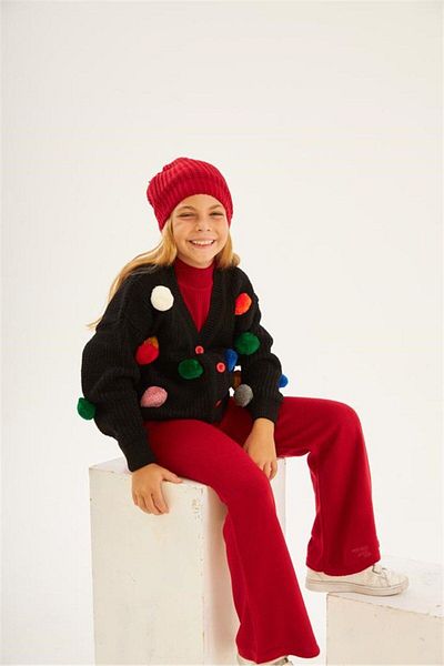 Hilal Akıncı Kids Girl's Black Pompom Knitwear Cardigan Sleeveless Inner Badi Knitwear Pants Beret 4-Piece Set