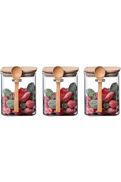 AKDC 500ml Square Glass Storage Jar with Wooden Lid & Spoon - [Pack of 3]