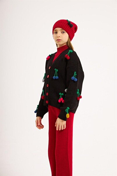 Hilal Akıncı Kids Girl's Cherry Embroidered White Cardigan Saks Knitwear Badi Pants Beret 4-Piece Set
