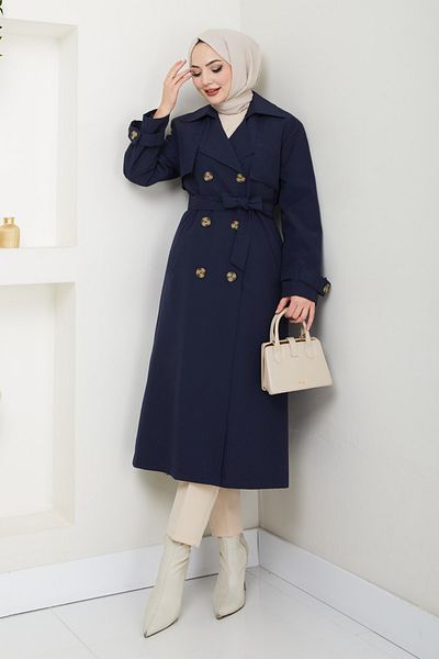 InStyle Lined Navy Blue Trench Coat with Stone Buckle Detail