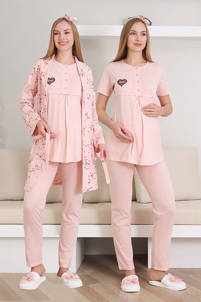 ERDENİZ TEKSTİL Maternity Pajama Set Melange Fabric Buttoned Front Embroidered - Patterned Suitable for Breastfeeding 3-Piece