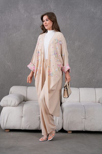 Miss Allos Women's Front Embroidered Tulle Flower Embroidered Stone Detailed Linen Kimono and Pant Bottom Top Set