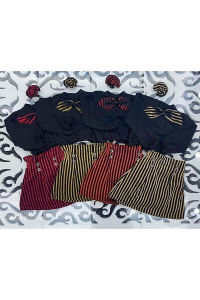 Hilal Akıncı Kids Girl's Black Blouse Striped Skirt Buckle 3-Piece Set