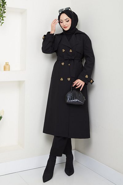 InStyle Lined Black Trench Coat with Stone Buckle Detail