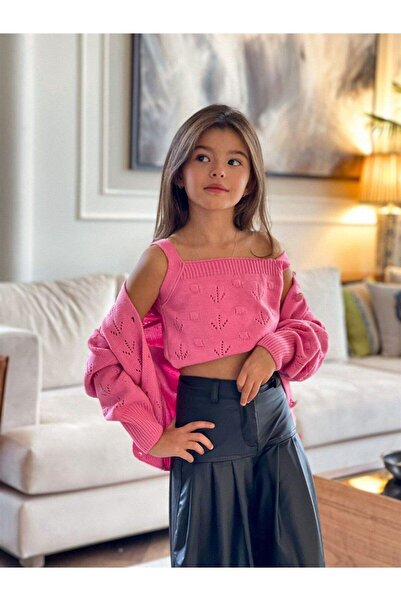 Hilal Akıncı Kids Cardigan cu nasturi pentru fete Tricoturi din piele Crop Pantaloni cu picioare largi Set 3 piese