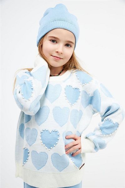Hilal Akıncı Kids Model de inimă pentru fetiță, cu mărgele, pulover, tricotaje, pantaloni, beretă, set de 3 piese