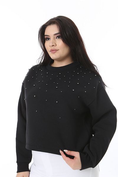 Şans Women's Plus Size Black Stone Detailed Raised Inside Sweatshirt 65N38632
