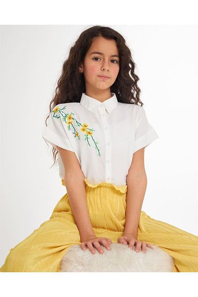 Hilal Akıncı Kids Girl's Embroidery Detailed White Shirt Comfortable Fit Wide Leg Pants 2-Piece Set