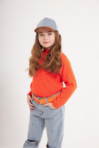 Hilal Akıncı Kids Girl's Plain Knitwear Sweater Wide Leg Jeans Trousers Colorful Belt Hat 4-Piece Set