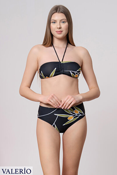 valerio Black Patterned Halter Strapless High Waist Bikini Set