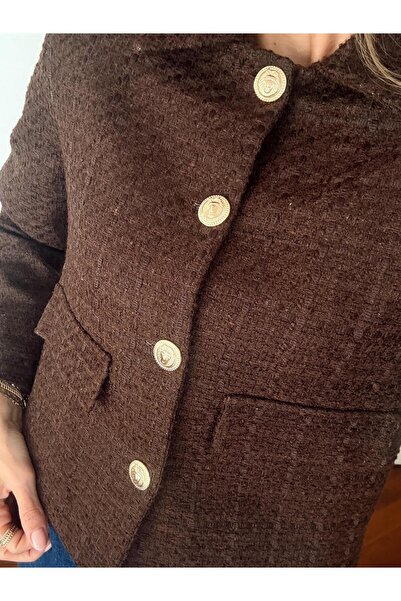 Maldia Shop Women's Gold Buttoned Blazer Brown Tweed Jacket