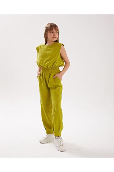 Hilal Akıncı Kids Bluză de in pentru fete, pantaloni harem cu detaliu cuțit l...