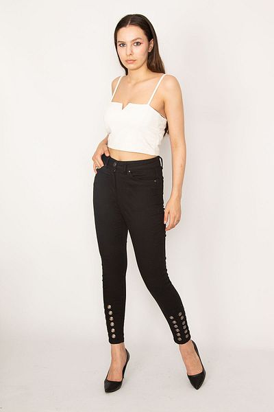 Şans Pantaloni de damă, negri, cu talie înaltă, cu 5 buzunare, din lycra, cu picioare înguste, 65N38282