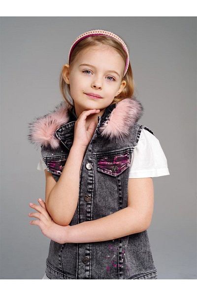 Hilal Akıncı Kids Girl's Back Hand Painted Sheepskin Denim Vest