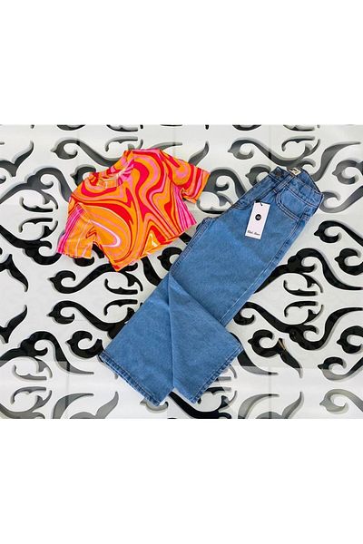 Hilal Akıncı Kids Girl's Short Sleeve Patterned Body Wide Leg Jeans Set of 2