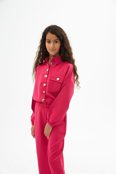 Hilal Akıncı Kids Κοριτσίστικο χρυσό κουμπί με λεπτομέρεια διπλό ύφασμα μακρυμάνικη μπλούζα και παντελόνι 2 τεμαχίων