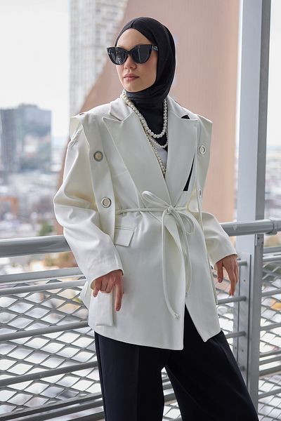 LOCCO White Women's Double Breasted Collar Blazer Jacket