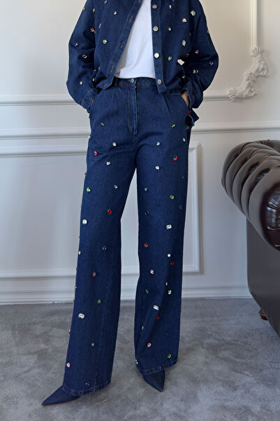 MAGARDE بنطال جينز مرصع بالأحجار الفاخرة - أزرق