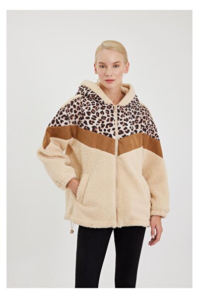 TIFFANY&TOMATO Leopar Garnili Kapüşonlu Peluş Mont