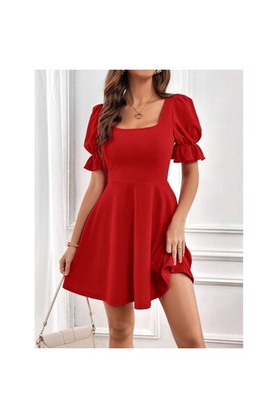 JANES Women's Short Sleeve Square Collar Kilos Imported Crepe Dress