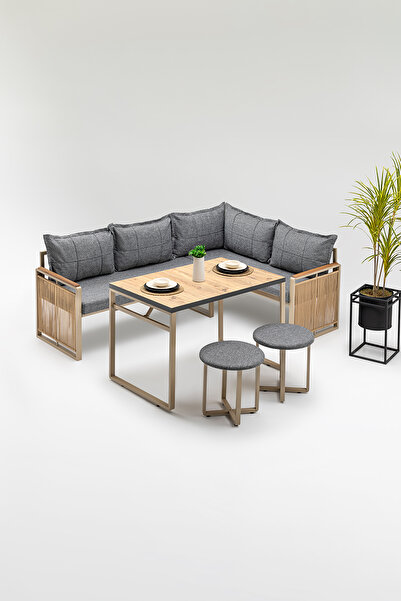 Wood House MONİSA (MASA VE PUFLU) KÖŞE TAKIMI GRİ-KAHVE (BALKON-BAHÇE-MUTFAK)