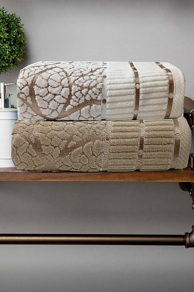 Mira Home Set of 2 Jacquard Velvet Leaf Patterned Luxury Hand Face Towels 50X90 cm 100% Cotton