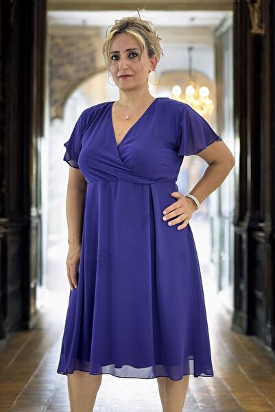 yagmurberen Plus Size Comfortable Double Breasted Collar and Angel Sleeve Lined Evening Dress