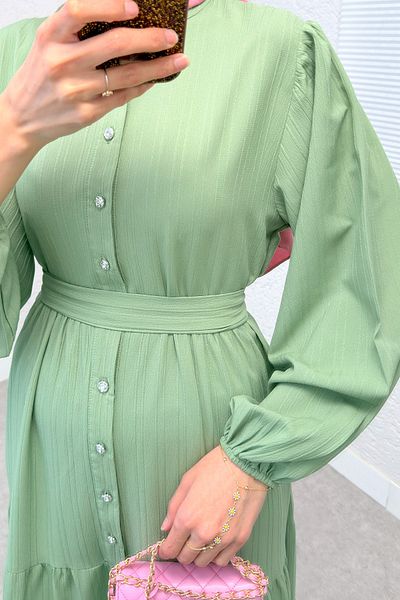 Salih Çelebi Hakim Collar Hijab Dress 2268 - Light Green