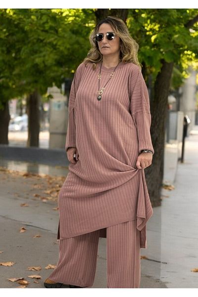 yagmurberen Extra Large Size Tunic Waist Elastic Pants Double Knitwear Set