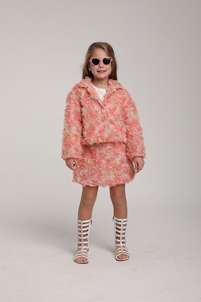 Escabel Premium Pink Rose Patterned Girl's Jacket & Skirt Set - Elegant & Stylish