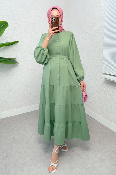 Salih Çelebi Hakim Collar Hijab Dress 2268 - Light Green
