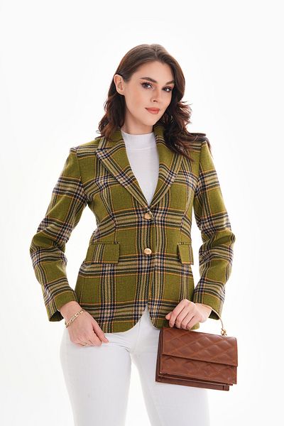 nisya Women's Green Plaid Thick Tweed Jacket