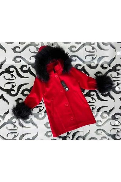 Hilal Akıncı Kids Girl's Hooded and Sleeved Cashmere Coat with Fur Detail