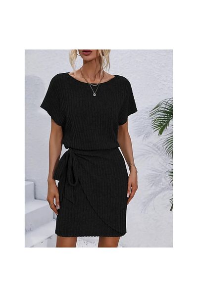 JANES Women's Short Sleeve Open Collar Elastic Waist Side Tie Thick Corded Camisole Dress