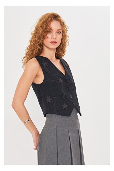 TIFFANY&TOMATO Çiçek Nakışlı Keten Görünümlü Yelek