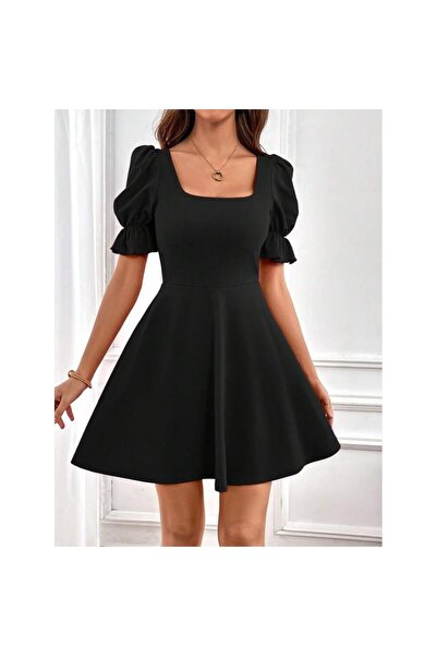 JANES Γυναικείο κοντομάνικο τετράγωνο λαιμόκοψη Kiloş Εισαγόμενο κρεπ φόρεμα