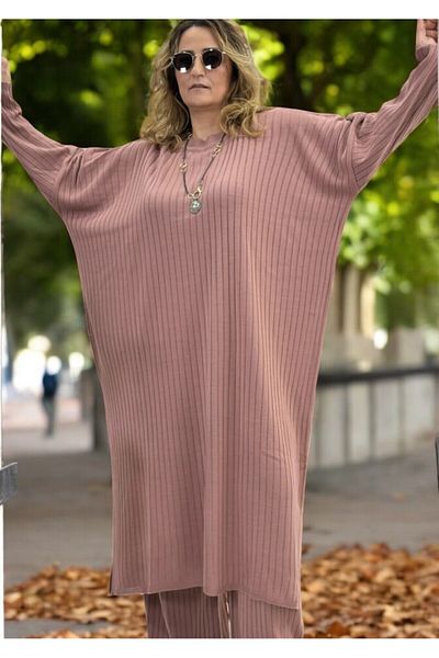 yagmurberen Extra Large Size Tunic Waist Elastic Pants Double Knitwear Set