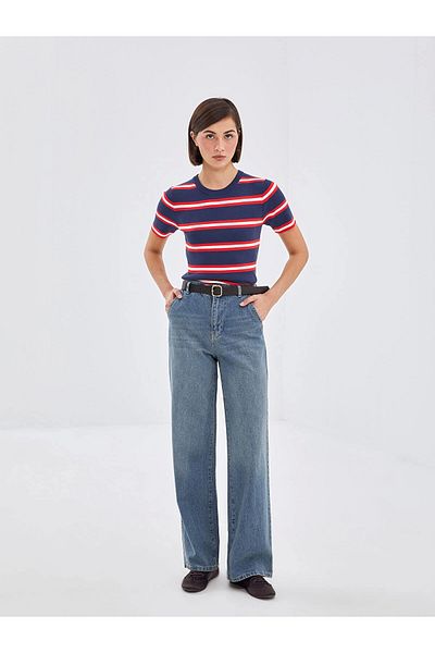 LC Waikiki LCW Jeans Indigo με ζώνη μέσης Wideleg Γυναικείο τζιν παντελόνι