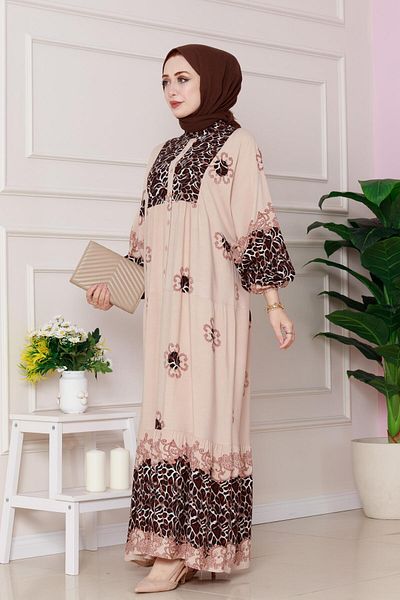 Sevitli Leopard Patterned Robe Viscon Dress-Mink